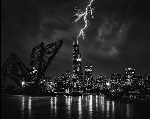 Lightning Strike Over Skyline — black and white photograph by Jim Signorelli