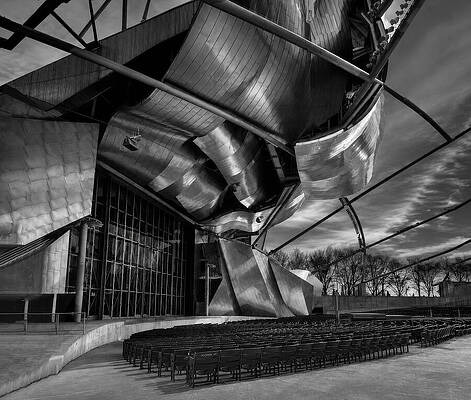 Modern Metallic Auditorium Structure — black and white photograph by Jim Signorelli