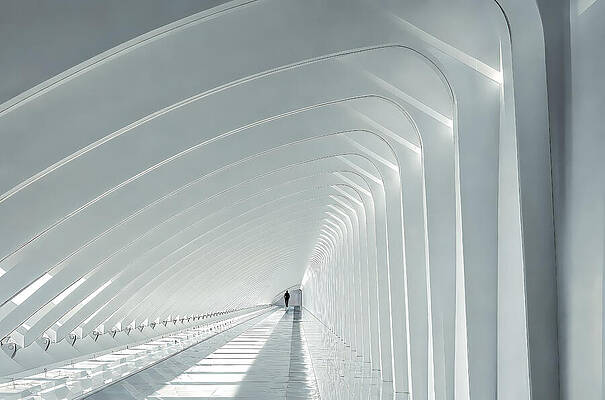 Futuristic White Corridor with Arches — color photograph by Jim Signorelli